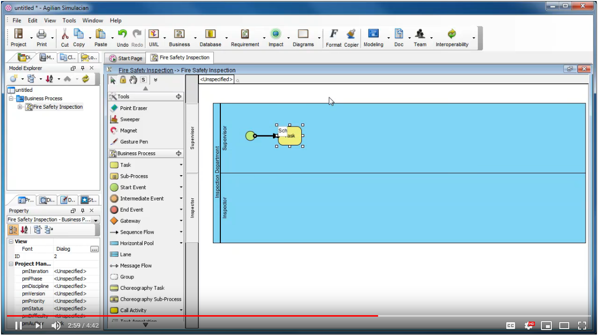 Visual Paradigm interface screenshot showing a BPMN Fire Safety Inspection process diagram with parallel split and merge gateways.