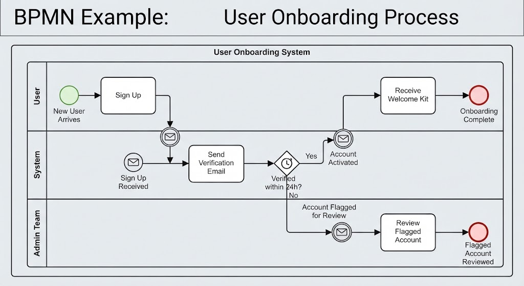 BPMN flowchart illustrating user onboarding process across User, System, and Admin Team lanes, showing account activation or flagging workflows.