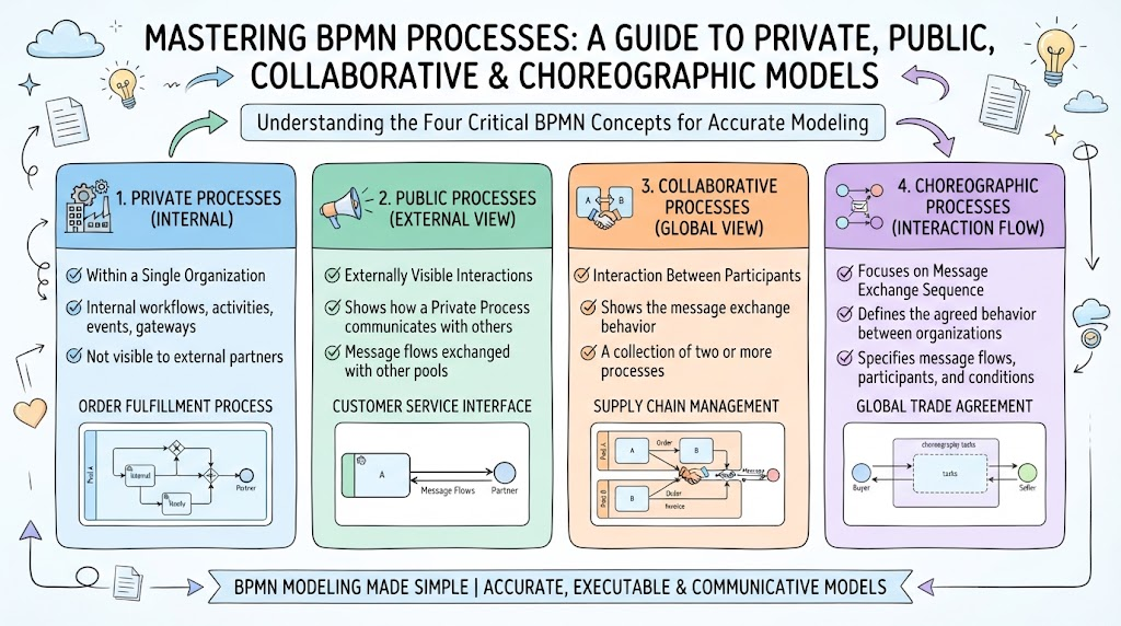 Mastering BPMN Process Types: A Comprehensive Guide to Private, Public, Collaborative, and Choreographic Processes