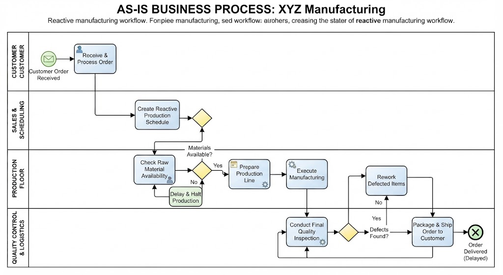 Flowchart showing XYZ Manufacturing's reactive as-is process with delays, inventory issues, and quality gaps.