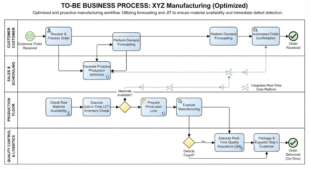 Optimized manufacturing workflow diagram showing proactive scheduling, JIT inventory checks, and real-time quality assurance across departments.