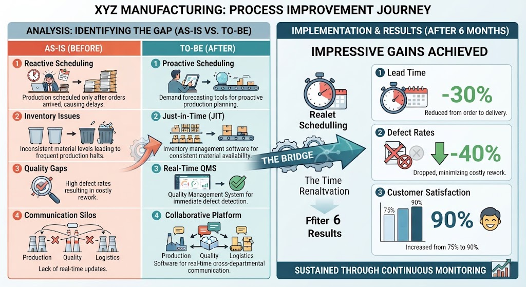Infographic showing XYZ Manufacturing's process improvement journey, comparing As-Is and To-Be states with significant results after six months.