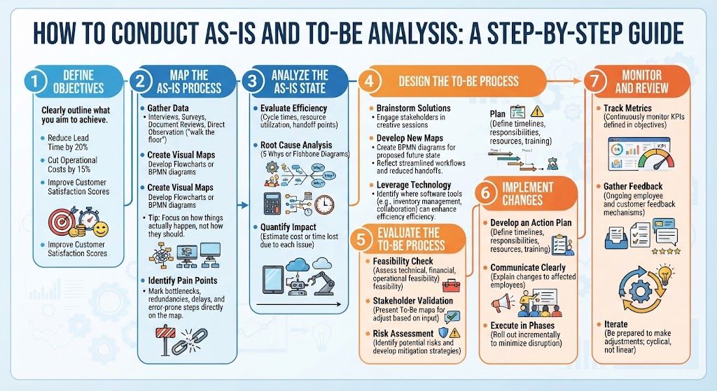 Step-by-step infographic detailing seven phases of As-Is and To-Be business process analysis, from defining objectives to monitoring and reviewing results.