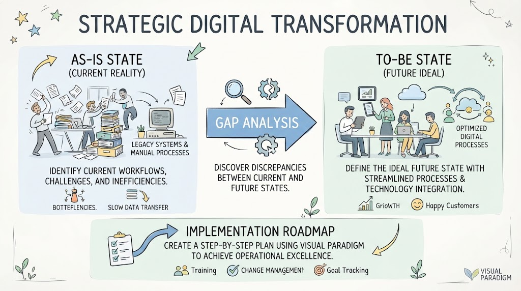 Bridging the Gap: A Comprehensive Guide to Digital Transformation Using As-Is, To-Be, and Gap Analysis with Visual Paradigm