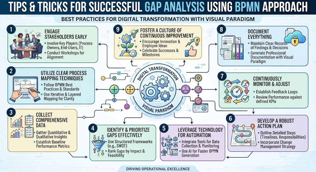 Infographic detailing nine tips for successful gap analysis using BPMN and Visual Paradigm to drive digital transformation.