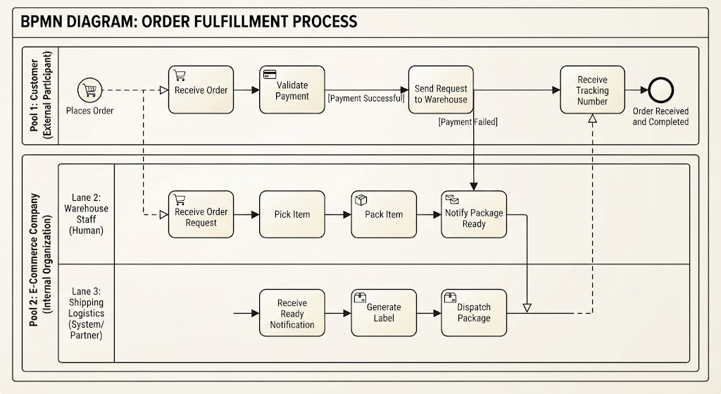 BPMN swimlane diagram showing order fulfillment flow across Customer, Warehouse, and Shipping lanes with tasks and message flows.