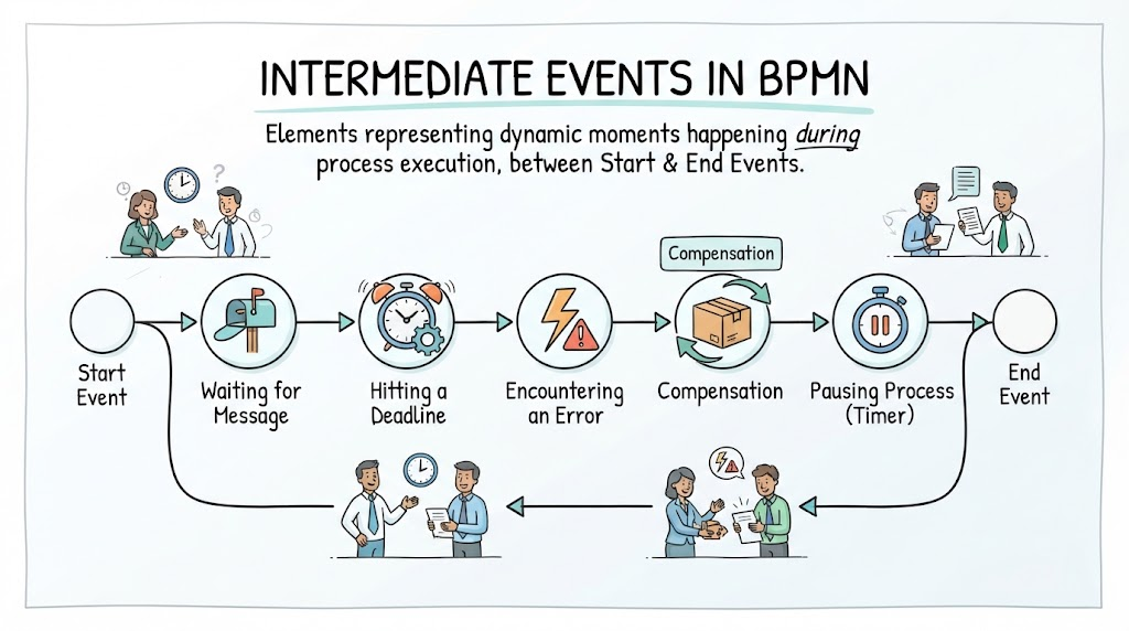 BPMN flowchart illustrating Intermediate Events like waiting for messages, hitting deadlines, errors, and compensation between Start and End Events.