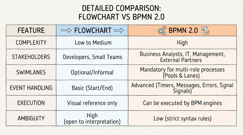 Detailed Comaprision: Flowchart vs BPMN 2.0 | Visual Paradigm BPMN