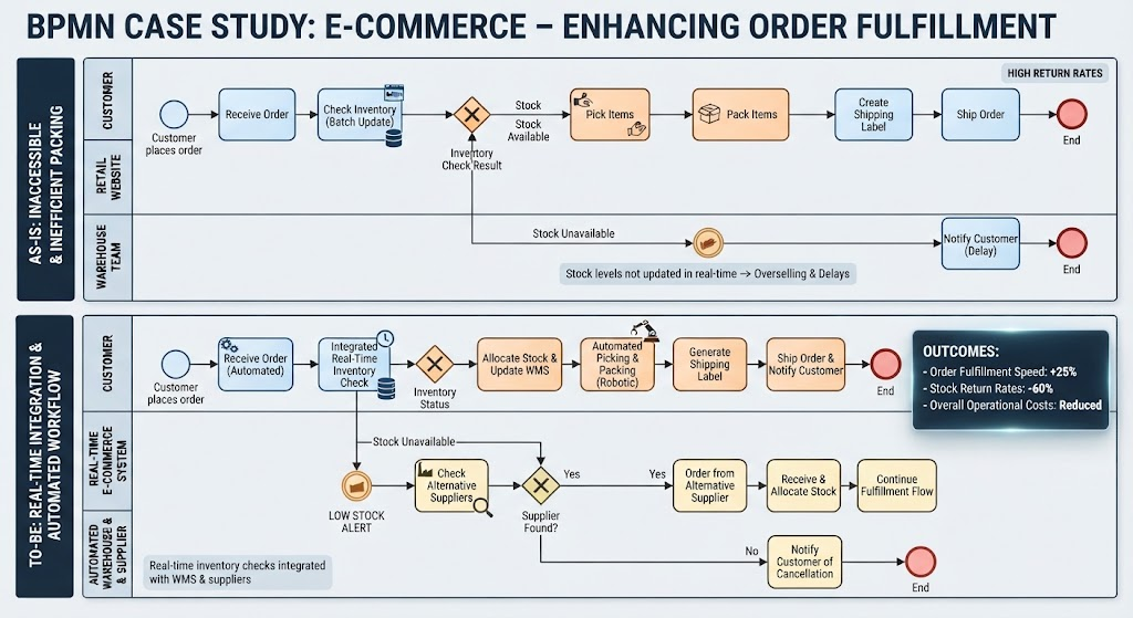: Comparative BPMN workflows for e-commerce order fulfillment, highlighting the transition from the manual "As-Is" process with inventory mismatches to the optimized, real-time integrated "To-Be" process that increased fulfillment speed by 25% and reduced stock return rates by 60%.