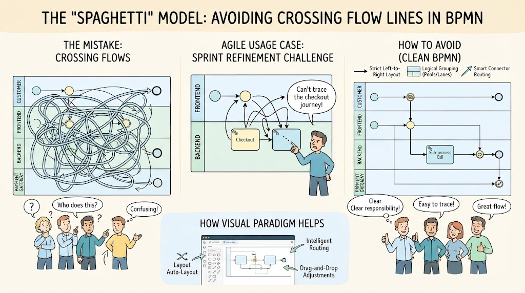 Avoiding Corssing Flow LInes in BPMN Example | Visual Paradigm BPMN Tool