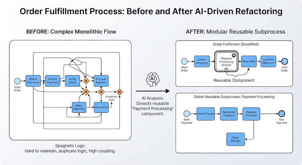 BPMN Modeling Tool: Order Fulfillment Porcess Before and After AI-Driven Refactoring | Visual Paradigm BPMN Tool